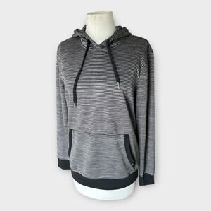 Womens PrAna Striped Hoodie Sweatshirt sz Large Black Gray Stripes Gorpcore Cozy